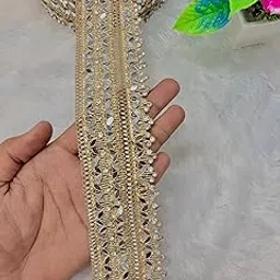 Golden Mirror Lace Border | Decorative Mirror Work Trim for Sarees, Lehengas, Dupattas, Blouses & Crafts | Elegant Gold Lace for DIY Fashion | Pack of 9 Meters |-image-38