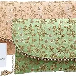 Kuber Industries Women's Handcrafted 2 Pieces Embroidered Clutch Bag Purse Handbag for Bridal, Casual, Party, Wedding (Green & Peach) - CTKTC34529-picture-13