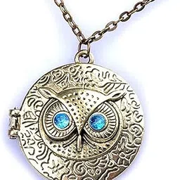 Retro Owl Eye Statement Gold Choker Big Size Openable Photo Picture Pendant Momento Locket Round Illuminati Antique Necklace for Women and Girls Brone Blue-image-70