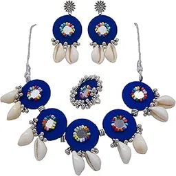womaa handicrafts Womaa Traditional Choker Necklace Set with Shell Charms, Multicolour Beads and Ring, 3-Piece Jewellery Set-picture-42