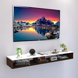 Duratech® Wood Handicraft Wooden Wall Mounted Floating TV Stand/TV Entertainment Unit for Living Room with Storage Shelf - 32-48 INCHES (White-Walnut)-image-63