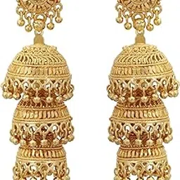 sparkle world Gahne Mall South Indian 3 Layers Gold Plated Oxidized Jhumka Earrings for Women's-picture-50