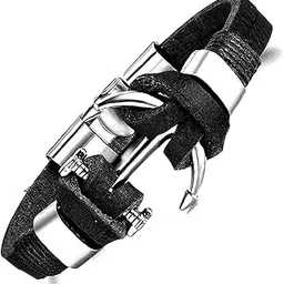 PU Leather Funky Anchor Bracelet for Mens & Boys (Black)-image-54