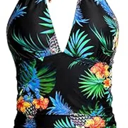 yonique Women's Halter Tankini Top No Bottom V Neck Swim Top Tummy Control Bathing Suit Top, Black Pineapple, X-Large-picture-26