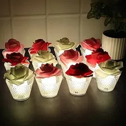 Garth LED Tea Light Candle 12 Pc – Flameless & Smokeless Decorative Rose Shaped with Glass Holder – Battery Operated Romantic Warm Glow for Diwali, Pooja, Weddings, Party, Home & Festival Decoration-image-4