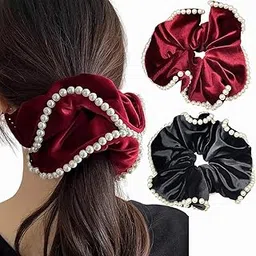 Melodio Velvet Scrunchies 2Pcs – Large Pearl Hair Bands for Women, Fashion Hair Accessories, Soft No Damage Hair Ties (Black & Red)-picture-17