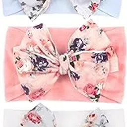 SYGA Pack Of 3 Baby Headbands Printed Flower Bow Strechable Soft Nylon Hairbands for Newborns, Infants, Toddlers, Kids 0-3 Years(Pink-White-Light Purple)-picture-16