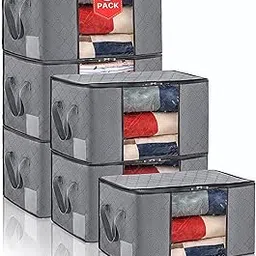 6 Pack Clothes Storage Bags, Foldable Clothing Storage Bins for Organizing Clothes, Comforters, Blankets, Closet Organizers and Storage with Clear Window,Zipper and Reinforced Handle, 60L, Grey-picture-21