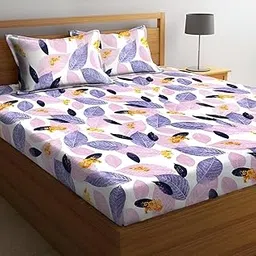 ELIZA KRAFTS 240 TC Queen Size Fitted Bedsheets Glace Cotton,Bed Sheet Queen Elastic,Fitted Bedsheets Queen Size 60x72 Inch,Leaf Bed Sheets with Pillow Covers,All Around Elastic Fit Upto 8 Inch-image-26