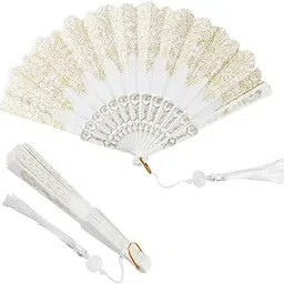HASTHIP® Hand Fan Elegant White Fabric Hand Fan Traditional Chinese Fan with Tassel Charm Summer Fan Handheld Cooling Fan Travel Hand Fan Gift for Girls Women, 9 inches-picture-64