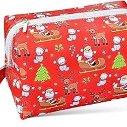 Christmas Holiday Cosmetic Bag, Festive Red Travel Makeup Pouch with Santa, Reindeer, Snowman Pattern, Zippered Toiletry Case for Women and Girls-picture-21