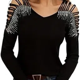 mippo Diamond V-Neck Hollow Long-Sleeved Cold Shoulder Pullover T-Shirt – Fashionable Top-picture-35