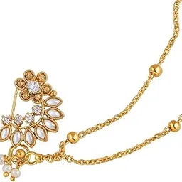 cz stone Royal Gold Finish Nose Pin with Kundan and Beaded Chain-picture-56