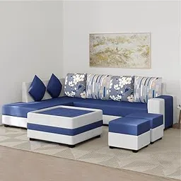 FURNY Stylerry 8 Seater Fabric LHS Sectional L Shape Sofa Set with 1 Centre Table & 2 Puffys (Blue-Light Grey)-picture-22