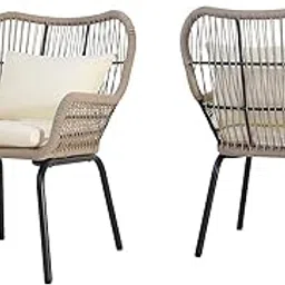 Seating Arm Chair Pack of 2 Seater Outdoor Garden Furniture Rope Chairs with Cushions Set Beige-image-3