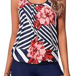 Blouson Tankini Swimsuits for Women 2 Piece Navy Blue Floral Bathing Suits Tops with Boyshorts Modest Loose Fit Swimwear M-image-16