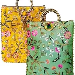 Tanmish World Potli | Silk Wedding bag| Christmas Return Gift | Traditional Embroidered Potli Handbag with Golden Handle – Ethnic Clutch Bag for Women & Girls – Bridal, Wedding (YELLOW & GREEN)-picture-67