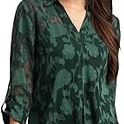 Women Collared V-Neck Roll-up Sleeves Floral Self Design Shirt Style Top-image-28