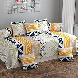 NHD HOME diwan Set for Living Room, diwan Set Covers Glace Cotton, diwan Set 8 Pieces (1 Single Bedsheet, 5 Cushion Covers, 2 Bolster Covers) (Color-White and Yellow) Abstract-image-43