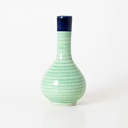 Kalakriti Ceramic Green Striped Bud Vase with Blue Neck | Slim Decorative Tabletop Pot for Single Stems & Dried Flowers | Suitable for Living Room, Office, Shelf Styling & Gifting-picture-16