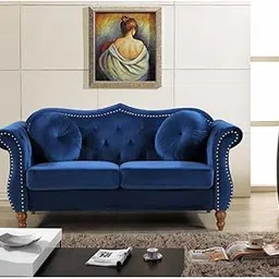Antique Wood Hub - 2 Seater Luxury Crown Style Velvet Tufted Sofa Set for Living Room, Hallway, Office, Bedroom (Blue)-image-10