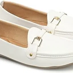 Women's Slip-on Loafers, White Faux Leather, Metal Buckle Detail, Comfort Flats-picture-37