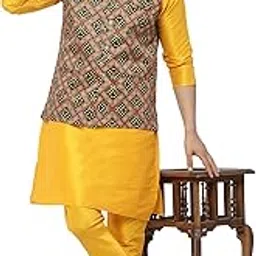 ts lifestyle Men's Yellow Kurta Pyjama & Printed Nehru Jacket Set.-picture-54