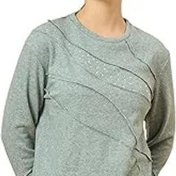Women's Heathered Light Sage Green Fleece Sweatshirt, Diagonal Panel Design with Rhinestones, Long Sleeve, Crew Neck-image-53