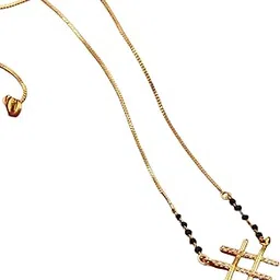 Traditional Gold-Plated Black Beads Chain and American diamond Crystal Pendant Short Mangalsutra 18 Inch Wedding, Anniversari, Special Occasion for Women-image-57