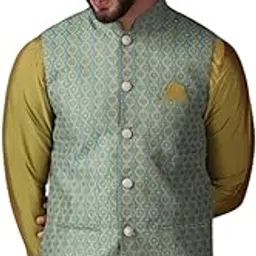 kisah Men's Nehru Jacket, Blue Silk Blend, Embellished Regular Fit Mandarin Collar Sleeveless-picture-38