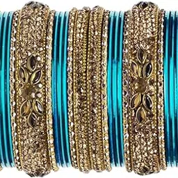 celeste gallery Women's Dulhan Bangles Set, Bridal Bangles Set, Golden Bangles Set, Punjabi Chuda Fashion Antique Stones Wedding | Bridal| Anniversary Gift Brass Bangles Set Size:-2.8 Color:-Firozi-picture-25