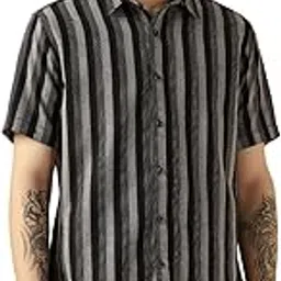 dennis lingo Men's Black Cotton Spread Collar Short Sleeves Striped Shirts-picture-59