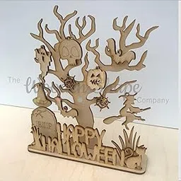 Whittlewud One Set Halloween Tree Craft Kit Wooden MDF Haunted Halloween Tree with Hanging Decorations, DIY Halloween Decoration Home Decor and Festive Crafting 9.05x7.87 Inch, 3mm Thick-image-9