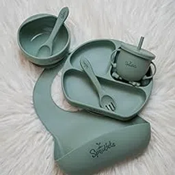 Sproutlets Silicone Feeding Set, 6-Piece Baby Led Weaning Set - Suction Plate, Bear Bowl, Cup, Spoon, Fork and Bib - BPA Free (Olive Green)-picture-11