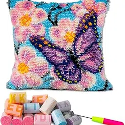 LAPATAIN Latch Hook Kits for DIY Throw Pillow Cover,Purple Butterfly Needlework Cushion Cover Hand Craft Crochet for Great Family 16.5x16.5inch-picture-54