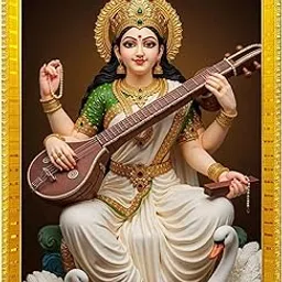DivaFrames Maa Saraswati Photo with Frame, Saraswati Devi Wall Poster for Home & Temple, Hindu God Art, Pooja Mandir Decoration, 10x13 Inch (Golden)-image-27