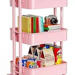 3 Tier Utility Cart, Rolling Plastic Tray Metal Pipe Organization Cart with Handle and Lockable Wheels, Multifunctional Storage Shelves for Kitchen Living Room Office (Pink)-image-30