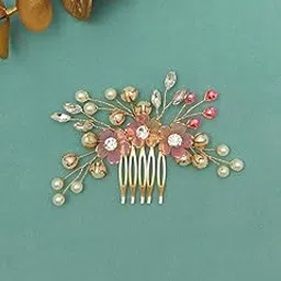 Floral Hair Comb with Pink Flowers, Pearl Beads, Crystal Rhinestones, Bridal Hair Comb, Wedding Hair Accessories for Women,-image-23
