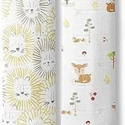 haus & kinder Jungle Collection 100% Cotton Muslin Swaddle Wrap for New Born Baby Boy and Girl, Soft Swaddle Cloth for New Born Set, Baby Swaddle Wrap for New Born, 100x100cm, 2Pcs (Lion - Woodland) image 1