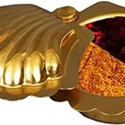 Putrika Traditional Brass Haldi Kumkum Chandhan Holder|Peacock Feather Design Bowl With Lid|Puja Worship|Navratri Gift| Diwali Gift- Peacock Shell Small Kumkum, ?950 Ml image 1