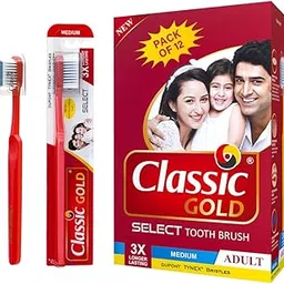 Classic Gold Select Medium Manual Toothbrush For Adults Pack Of 12 With Dupont Tynex Bristles And Also Anti Bacterial Crystal Clear Cap-picture-25