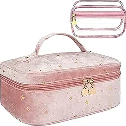 arabest Velvet Makeup Bag with Toiletry Wash Bag, Large Capacity Portable Starry Cosmetic bag, Storage Organizer with Makeup Brush Pocket, Travel Cosmetic Bags with Handle, gold, Pink/L-picture-39