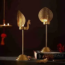 B H Handicrafts Golden Peacock Tealight Candle Holder Stands, Set of 2, Perfect for Pooja Rooms, Diwali Decoration, Religious and Cultural Occasions-picture-20