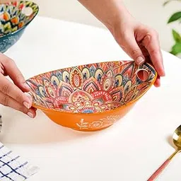 Nestasia Mandala Ceramic Serving Bowl with Handles (400 ml) - Microwave & Dishwasher Safe Pasta Bowl | Floral Bowl with Glossy Finish - Ideal for Soup, Curries, Snacks, Salad & Noodles (Orange)-image-0