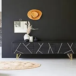 DEMIWALL Solid Mango Wood Entertainment Tv Unit for Living Room | Free Standing Media Console Movable Tv Cabinet Sideboard | Tv Table Side Board with 3 Door Cabinet Storage | Iron Legs, Black & Gold-picture-17