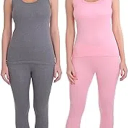 Pack of 2 Womens Cotton Lycra Solid Sleeveless Thermal Top and Pyjama Sets-image-72