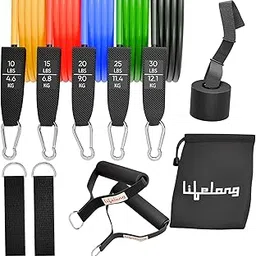 Lifelong Resistance Tubes Set of 5 | from Light to Very Heavy Resistance Level - 4.6 to 40 KG* | Toning Tube Kit with Foam Handles, Door Anchor, Ankle Strap, and Carrying Bag for Exercise, Training-image-85