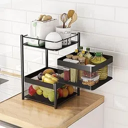 ESPERO Kitchen Trolley with Wheels | Revolving Vegetable Kitchen Storage Rack | Square Multipurpose Storage Trolley | Metal Fruit Storage Rack | Kitchen Cabinet Spice Rack (Squre, 2 Layer) image 1