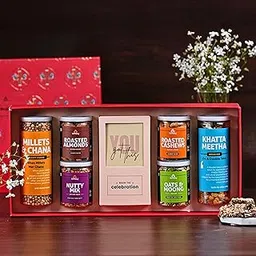 Omay Foods 9 pcs_Blissful Delights Gift Box | Healthy Gift Hamper with Roasted Snacks, Dry Fruits & Chocolate Treats | Corporate Gift for Employees & Clients | Motivation Gift Hamper | Snack Gift Box-image-46