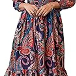 selvia Western Dress for Women| Printed 3/4 Sleeve Rayon Blend WesternBelow The Knee Dress for Women | V-Neck A-Line Dress for Women | One Piece Dress for Women-picture-53